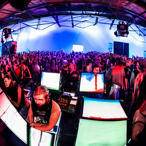 Prompt: A professional event protographer's photo of an Algorave event, taken from the side of the podium of the venue. In frame is a partying crowd and in the front right we see two livecoding artists and a very bright big screen with visuals projected on it. Photo focus on the performing artists and the projection screen. Extremely detailed 4k picture.. Fisheye lens.