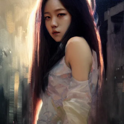 Image similar to jisoo of blackpink, hyperrealistic portrait, bladerunner street, art of elysium by jeremy mann and alphonse mucha, fantasy art, photo realistic, dynamic lighting, artstation, poster, volumetric lighting, very detailed face, 8 k, award winning