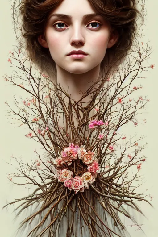 Image similar to symmetry!! full body portrait!!!! of a beautiful!!!! girl, pretty face, decorated with twigs and flowers, intricate, elegant, highly detailed, digital painting, artstation, concept art, smooth, sharp focus, illustration, art by artgerm and greg rutkowski and alphonse mucha, 8 k