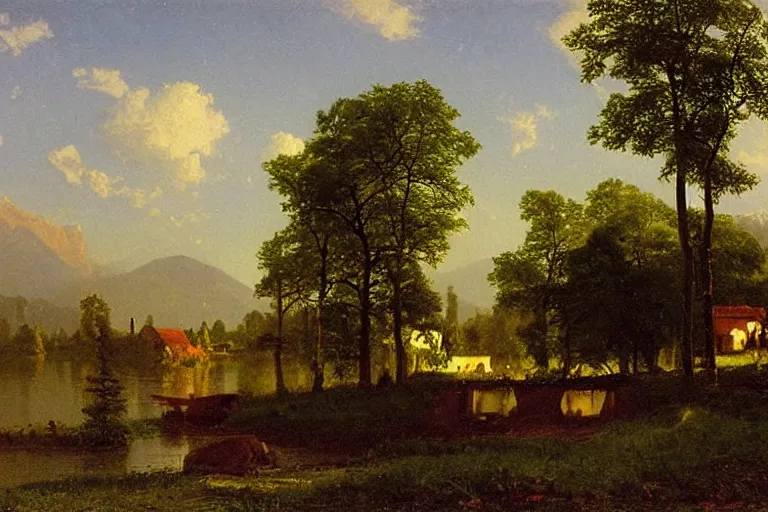 Prompt: peaceful village landscape, art by albert bierstadt
