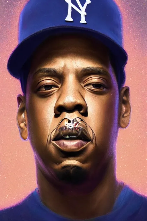 Prompt: portrait of jay - z with ny baseball hat, staring directly into camera, intricate, elegant, glowing lights, highly detailed, digital painting, artstation, sharp focus, illustration, art by wlop, mars ravelo and greg rutkowski