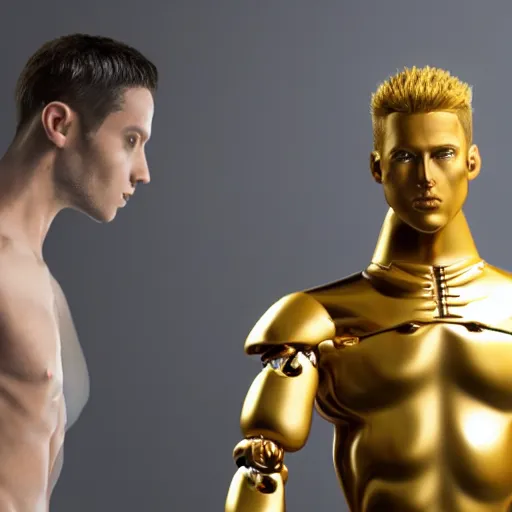 Image similar to a realistic detailed photo of a guy who is an attractive humanoid who is half robot and half humanoid, who is a male android, attractive and handsome soccer players, shiny skin, posing like a statue, blank stare, in a factory, on display, showing off his muscles, gold soccer shorts, side view, looking at each other mindlessly