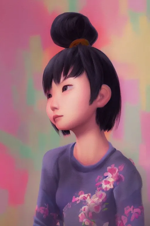 Prompt: a painting of cute Asian girl, short hair, in the style of Pixar animation, low angle view, 16mm lens, award winning, hyper detailed, dramatic lighting, artstation, octane renderer, unreal engine