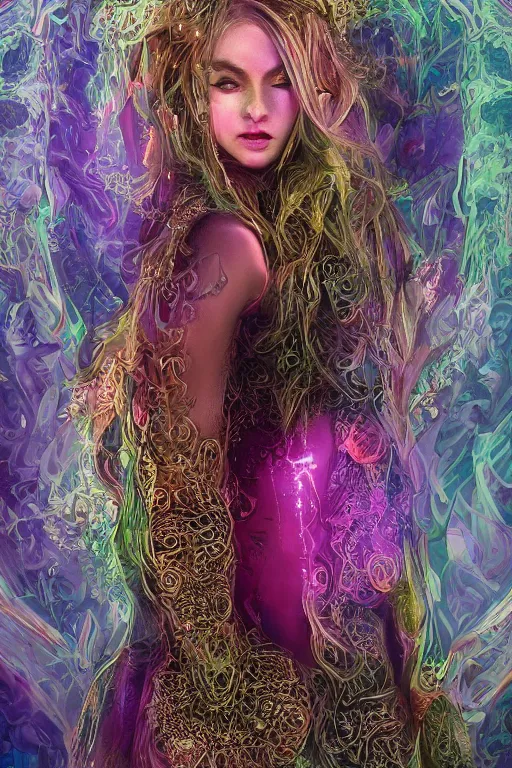 Image similar to highly detailed, digital painting of a beautiful arcane witch in a dark intricate ornate fractal-lace and gemstones facial mask, wearing a stunning silky bio-luminiscent neon-noir cyberpunk dress, pastel colors palette, full view, soft lighting, vivid, Hyperdetailed, 4k hd matte painting, 8k resolution, enchanting and otherworldly, detailed, front view, Gsociety, trending on ArtstationHQ, dreamscape maximized.