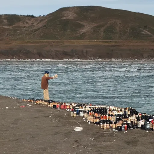 Prompt: hobo on sea with million bottles