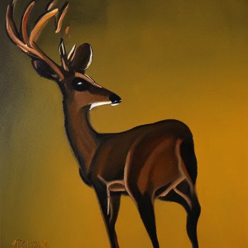 Prompt: deer smoking a cigarette at night, stylized, artistic, expressive, oil on canvas, thick paint brush strokes