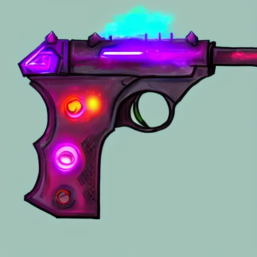 Prompt: magical gun , glowing , mystic aura , colorful , digital painting , concept art , artstation , devian art