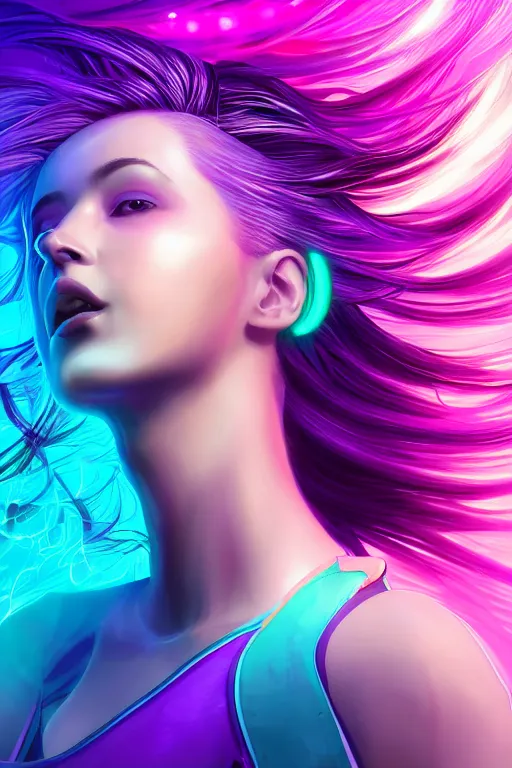 Image similar to a award winning half body portrait of a beautiful woman in a croptop and cargo pants with ombre purple pink teal hairstyle with head in motion and hair flying, surrounded by whirling illuminated lines, outrun, vaporware, shaded flat illustration, digital art, trending on artstation, highly detailed, fine detail, intricate