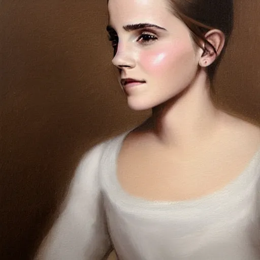 Image similar to A beautiful painting of Emma Watson with a faint pink tint in her cheeks. Her eyes are looking towards the left, and she wears a small possibly amused smile. by Raphael