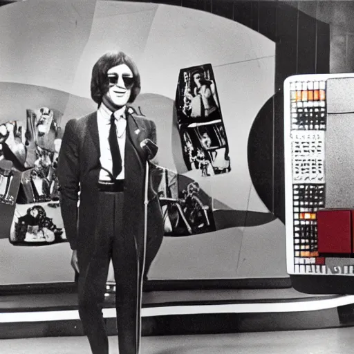 Image similar to on the full color tv set of ed sullivan, john lennon is guest starring as the host, 7 0 s color grade