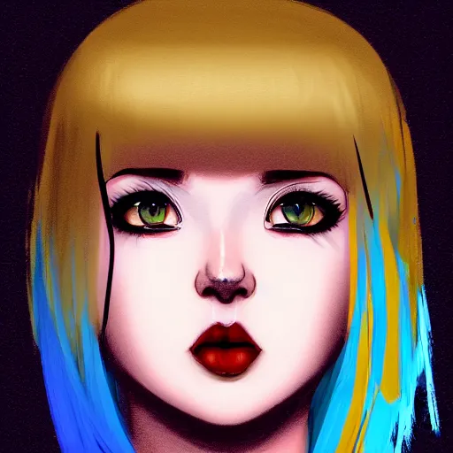 Prompt: ilya kuvshinov with long sky blue hair, gold eyes, amber eyes, boyish face, professional digital painting, wild brush strokes, concept art, award - winning photography, cinematic, black background, black shirt, crazy, yandere, wlop, color block, pop, hip, art by andy warhol, pixiv art, yoshitaka amano