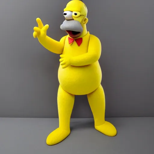 Prompt: homer simpson as a muppet with yellow skin, brown mouth, white polo shirt. highly detailed felt. hyper real photo. 4 k.