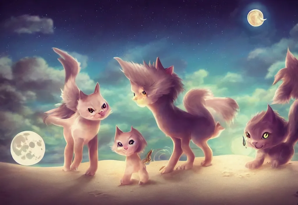 Image similar to cute magical fantasy animals at a beach looking at the moon, ultra realistic, concept art, highly detailed