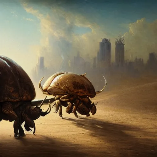 Prompt: giant rhinoceros beetle carrying a merchant's city on its back walking through a desert, panorama, oil painting, by greg rutkowski