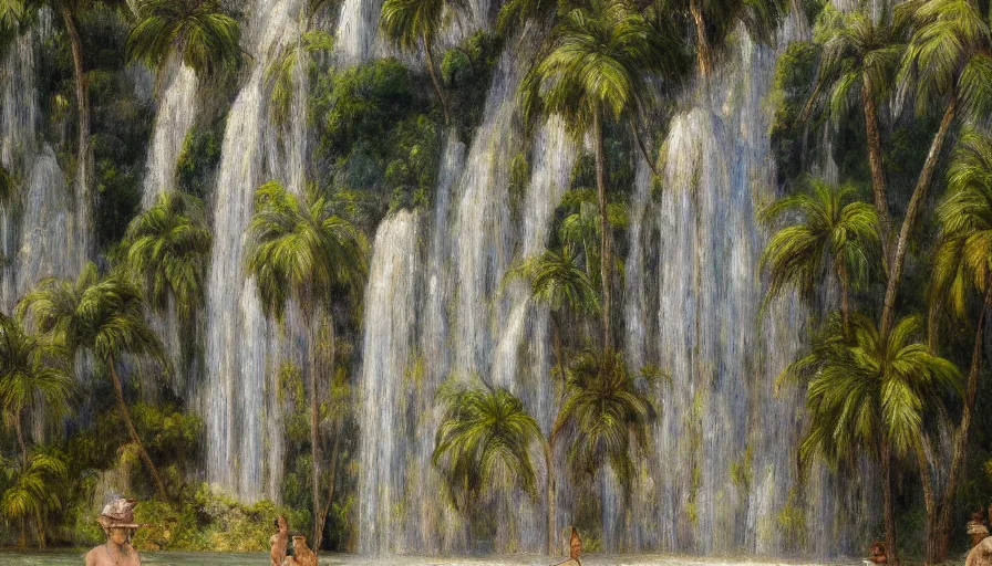 Image similar to a ultradetailed beautiful painting of the diamonds waterfall in the amazonas palace balustrade designed by jules bastien - lepage, tarsila do amaral, frank weston and gustave baumann, beach, trending on artstation, mediterranean, palm trees, sharp focus, soft light, 8 k 4 k