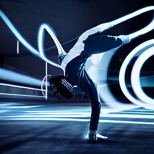 Image similar to break dancer in a shape of light , long exposure shot, cinematic view from lower angle, octane render, soft and detailed