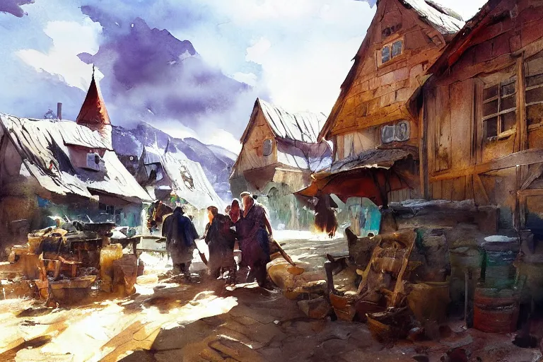Prompt: paint brush strokes, abstract watercolor painting of rustic village at midday, viking age, ambient lighting, art by hans dahl, by jesper ejsing, art by anders zorn, wonderful masterpiece by greg rutkowski, cinematic light, american romanticism by greg manchess, creation by tyler edlin