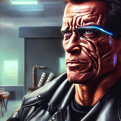 Image similar to an oil painting of the terminator as a bank attendant, by artgerm, hd, hdr, ue 5, ue 6, unreal engine 5, realistic anime 3 d style, cinematic 4 k wallpaper, 8 k, ultra detailed, gta cover art, high resolution, artstation, award winning