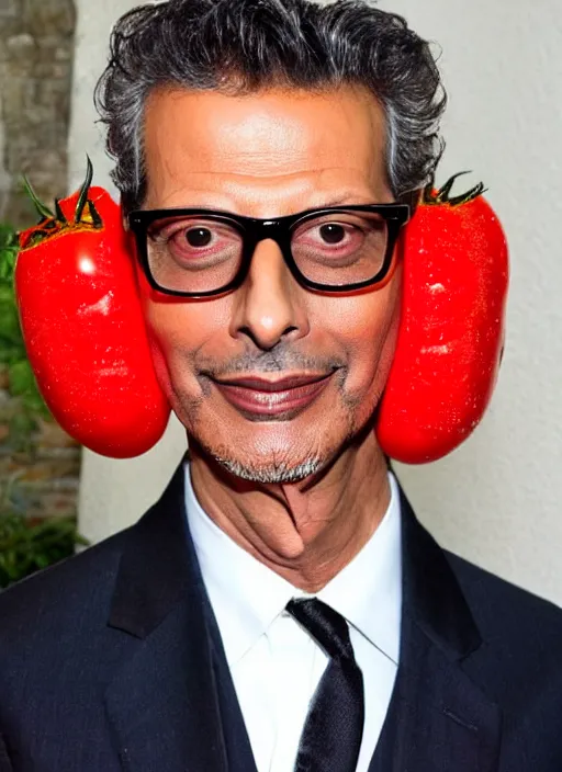 Image similar to jeff goldblum dressed up in a tomato costume