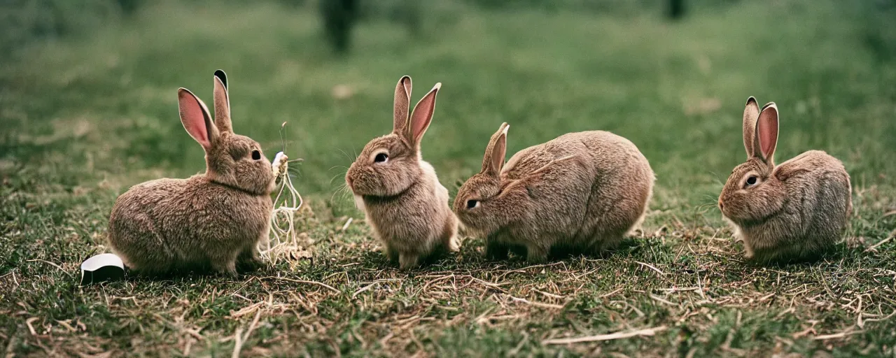 Prompt: rabbits eating spaghetti off the ground, in the style of national geographic, in the style of wes anderson, canon 5 0 mm, kodachrome, retro