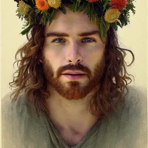 Image similar to portrait of the god of the meadow, 30 years old, upper body!!!!! meadow, flower crown, rugged, male, long hair, gorgeous, detailed face, amazing, hairy torso, muscular, intricate, highly detailed, digital painting, artstation, concept art, sharp focus, illustration, art by greg rutkowski and alphonse mucha