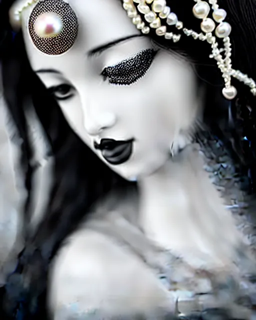 Image similar to black and white dreamy young beautiful veiled female artificial intelligence, realistic pearl ornament in the face, long hair are intricate with highly detailed realistic pearls, cinematic, rim light, bokeh, photo - realistic, elegant, high detail, 8 k, masterpiece, photo taken in 1 9 3 0