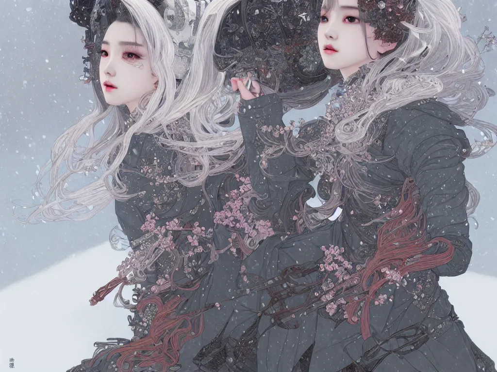 Image similar to portrait jisoo blackpink, grey hair armored samurai clothes, in snowy japanese temple night, ssci - fi and fantasy, intricate and very very beautiful and elegant, digital painting, artstation, concept art, smooth and sharp focus, illustration, art by tian zi and wlop and alphonse mucha