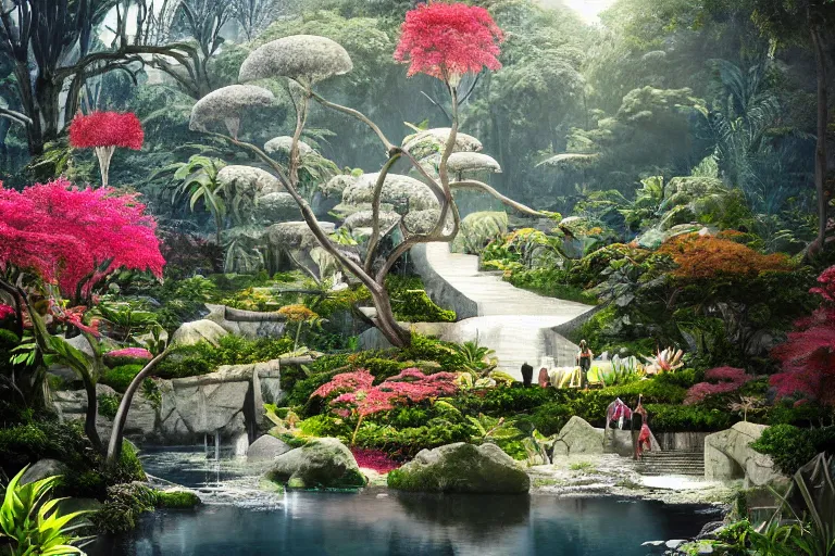 Image similar to brutalist white Aztec structures, manicured garden of eden, vivid pools and streams, tropical foliage, bromeliads, azaleas, Japanese maples, birds, sculpture gardens, Winter, by Jessica Rossier and Brian Froud