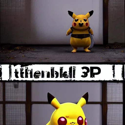 Image similar to 3 d modeled 3 d rendering with specular pbr material of realistic pikachu as a playable character in the videogame dead by daylight holding a chainsaw, pc gpu fov settings, videogame screenshot of pikachus mori animation, dark lighting and heavy fog, playstation 2 graphics