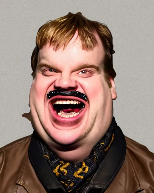 Image similar to headshot of a crazed smiling, mouth open, chris farley, he is wearing a leather bomber cap on his head, he is also wearing an a 2 flight jacket, a long white wool scarf is wrapped around his neck, he has a 5 o'clock shadow