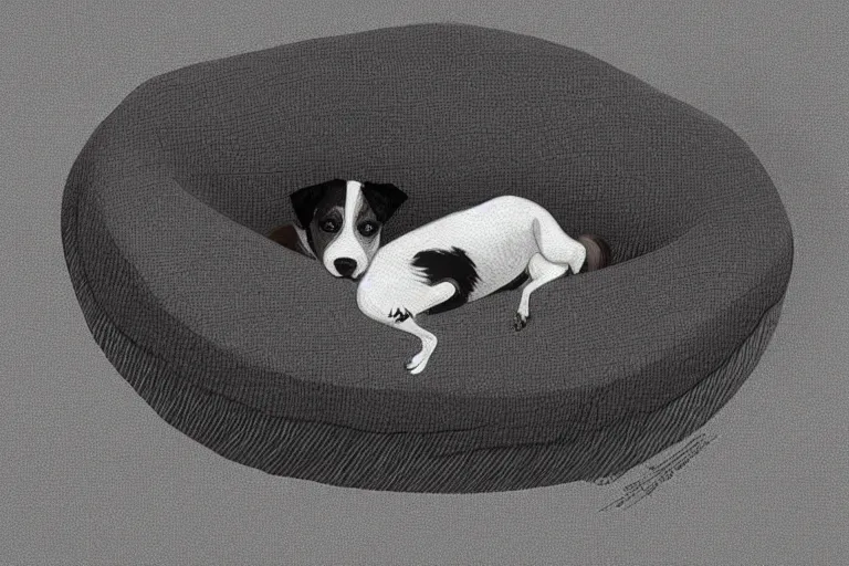 Image similar to cute black and white jack russel terrier laying on dog bed, large round eyes, concept art, matte painting, fantasy illustration, by victo ngai and diego gisbert llorens