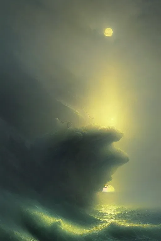 Image similar to A stunning detailed water deity by Ivan Aivazovsky, Peter Mohrbacher , Greg Rutkowski, stormy ocean, beautiful lighting, full moon, detailed swirling water tornado, artstation