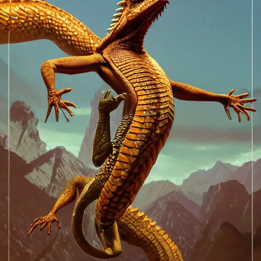 Image similar to fullbody!! dynamic action pose, christ as a scaly cold blooded reptilian lizard, intricate, humorous, absurd, highly detailed, digital painting, artstation, concept art, smooth, sharp focus, illustration, art by artgerm and greg rutkowski and alphonse mucha