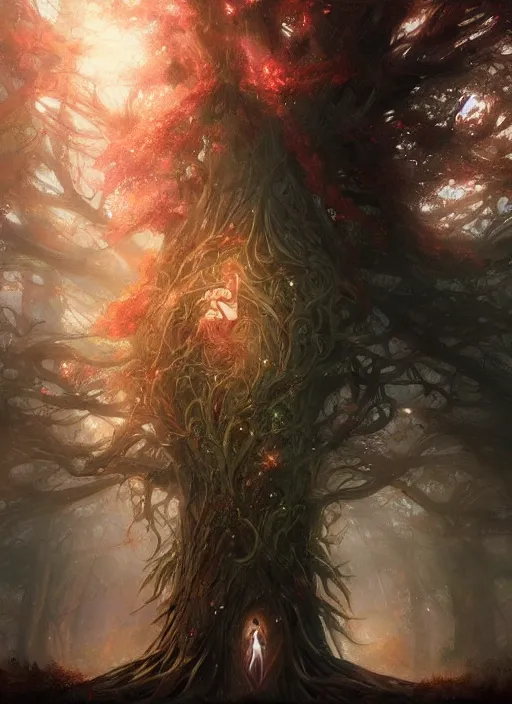 Prompt: a giant glowing tree with a beautiful maiden made of choral stepping out of it, elden ring art, digital art, award winning painted by raymond swanland