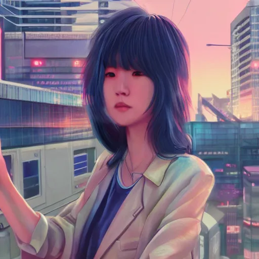 Image similar to 1 9 8 0 s japanese girl in a city pop city, hyper detailed, 8 k, trending, in artstation, digital painting, studio quality, cryengine, character design, smooth, sharp focus