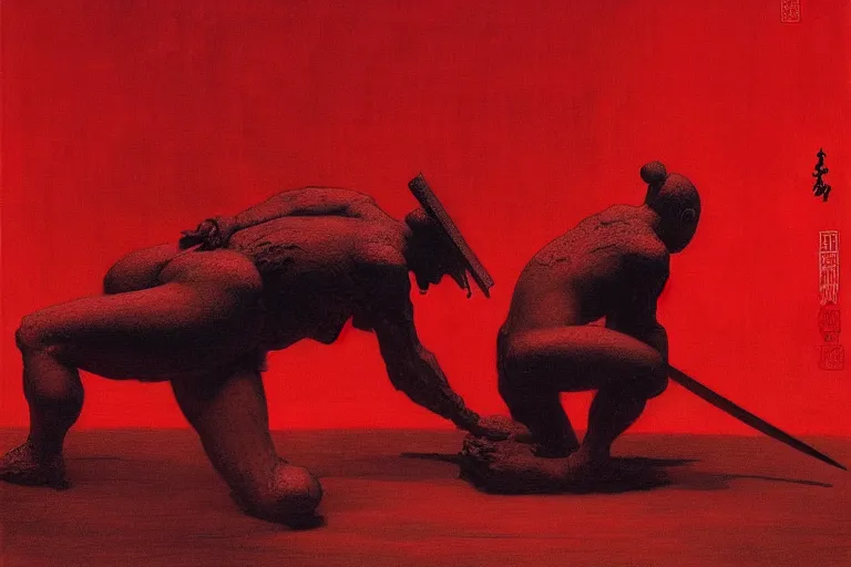 Image similar to only with red, a red samurai do seppuku, tokio, a lot of frogs watch, in the style of beksinski, parts by edward hopper, parts by rodcenko, parts by yue minjun, intricate and epic composition, red by caravaggio, insanely quality, highly detailed, masterpiece, red light, artstation, 4 k