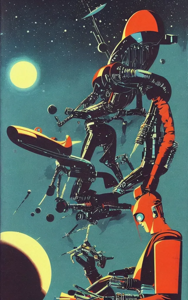 Image similar to space cowboy cyborg. space fantasy. bauhaus art. retro comicbook art. dean ellis.