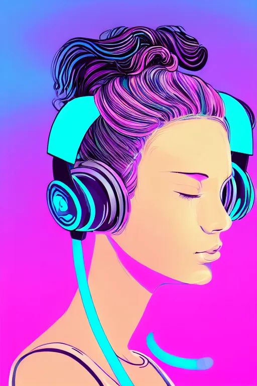 Image similar to a award winning half body portrait of a beautiful woman with stunning eyes in a croptop and cargo pants with ombre purple pink teal hairstyle listenin to music with headphones on her ears by thomas danthony, surrounded by whirling illuminated lines, outrun, vaporware, shaded flat illustration, digital art, trending on artstation, highly detailed, fine detail, intricate