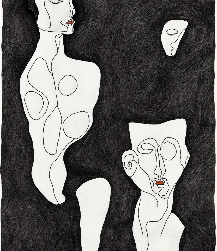 Image similar to detailed line art portrait of georgia o'keeffe, inspired by egon schiele. caricatural, minimalist, bold contour lines, musicality, soft twirls curls and curves, confident personality, raw emotion