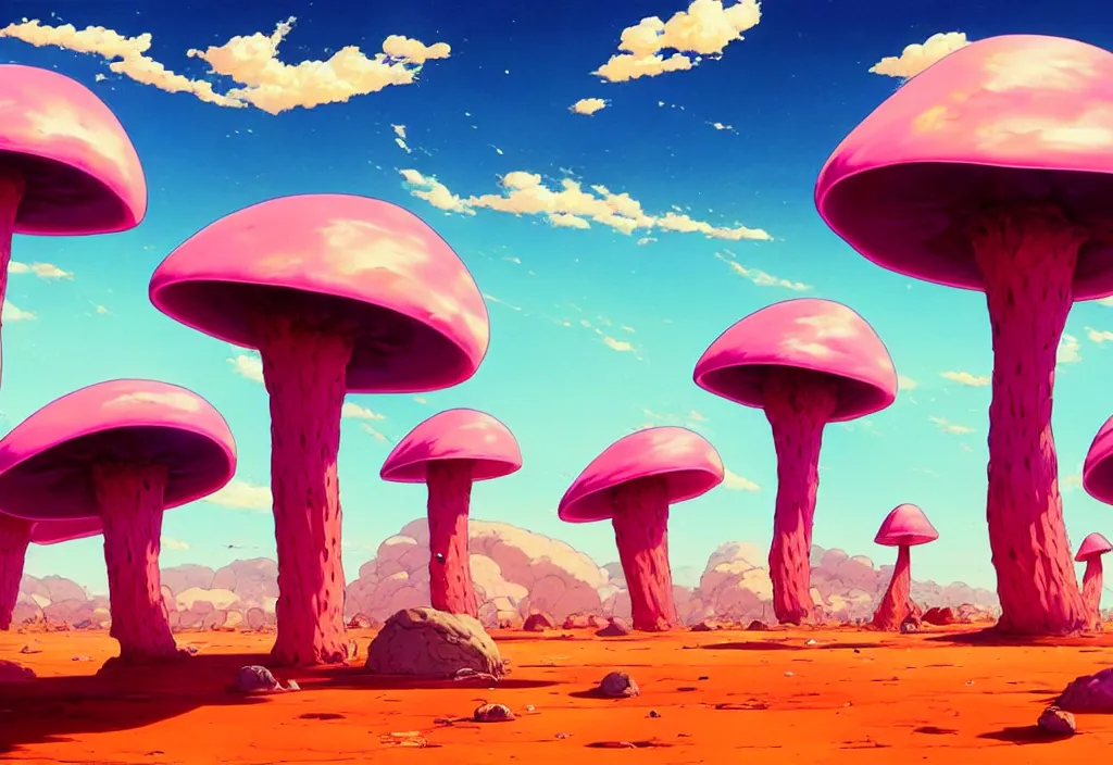 Prompt: futuristic giant pink mushrooms in a desert, rocks, weeds, pennant in the wind, intricate oil painting, high detail illustration, sharp high detail, manga and anime 1 9 9 9, official fanart behance hd artstation by jesper ejsing and makoto shinkai, 4 k,