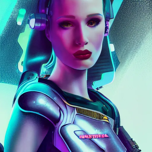 Image similar to madelaine petsch portrait, cyberpunk 2 0 7 7, cyberpunk judy alvarez, photorealistic, ultra detailed, neon, octane, bokeh, cinematic lighting, cyber, cyberpunk city, studio quality, feature, scars, cyberface, 8 k