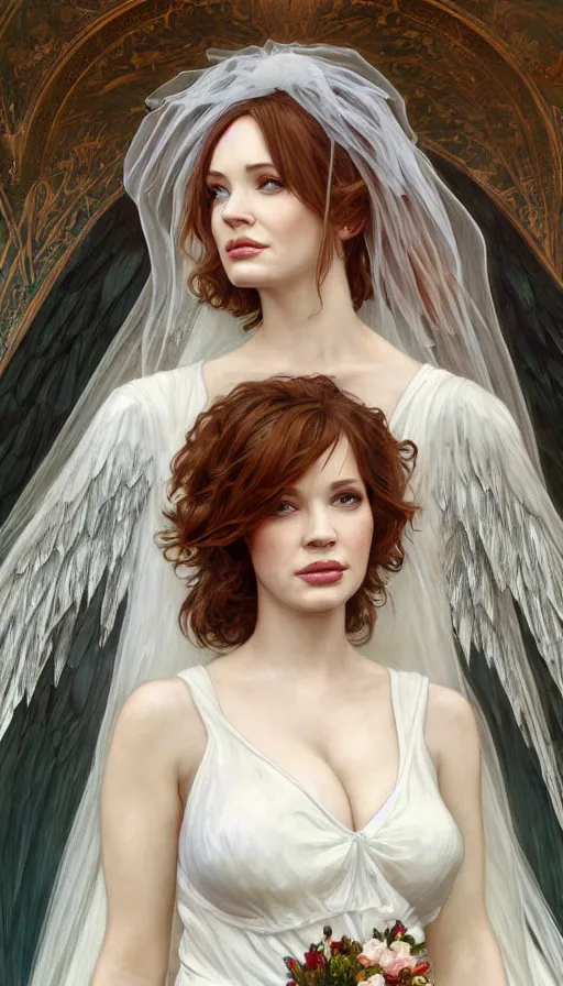 Prompt: Angel Bride, perfectly-centered-painting of young Christina Hendricks looking at the camera, hands not visible, sweaty, wet, dynamic action pose, insane, intricate, highly detailed, digital painting, artstation, concept art, smooth, sharp focus, illustration, Unreal Engine 5, 8K, art by artgerm and greg rutkowski and alphonse mucha