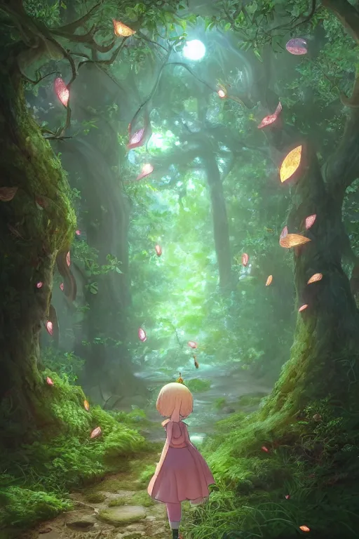 Image similar to forest path, fairy, beautiful ancient trees, hiding large treasure chest, glowing fireflies, serene evening atmosphere, soft lens, soft light, cel - shading, animation, in the style of cgsociety, deviantart, artstation, zbrush, cinema 4 d, studio ghibli, akihiko yoshida, atelier lulua, masamune shirow