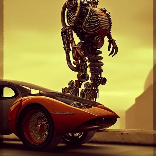 Image similar to cyborg vintage supercar slick warm tones : by michal karcz, daniel merriam, victo ngai and guillermo del toro : ornate, dynamic, particulate, intricate, elegant, highly detailed, centered, artstation, smooth, sharp focus, octane render