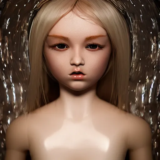 Image similar to beautiful ball jointed doll head, long shiny hair, intricate detailed, sharp focus, octane render, high quality, Symmetrical composition, 8k, volumetric lighting, on black background