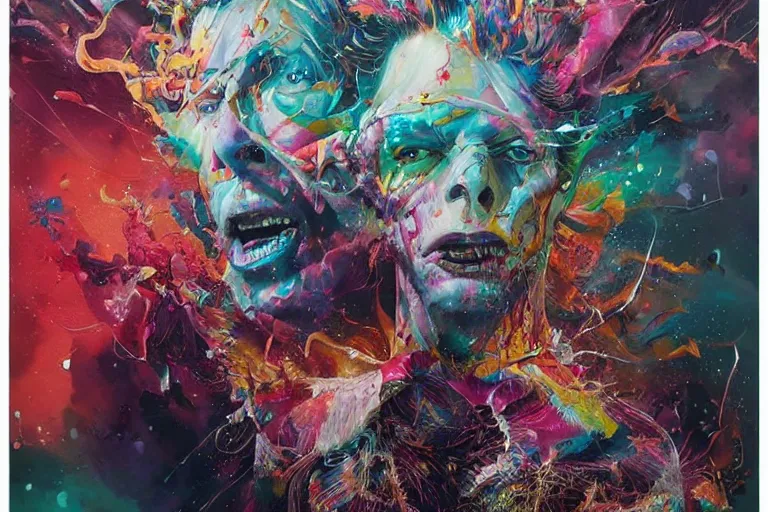 Prompt: a splattered action painting showing david bowie, ultradetailed, fine art painting, peter mohrbacher, moebius, david bowie, frottage, watercolor, acrylic, multilayered paint, spectacular splatter explosion, psychedelic art