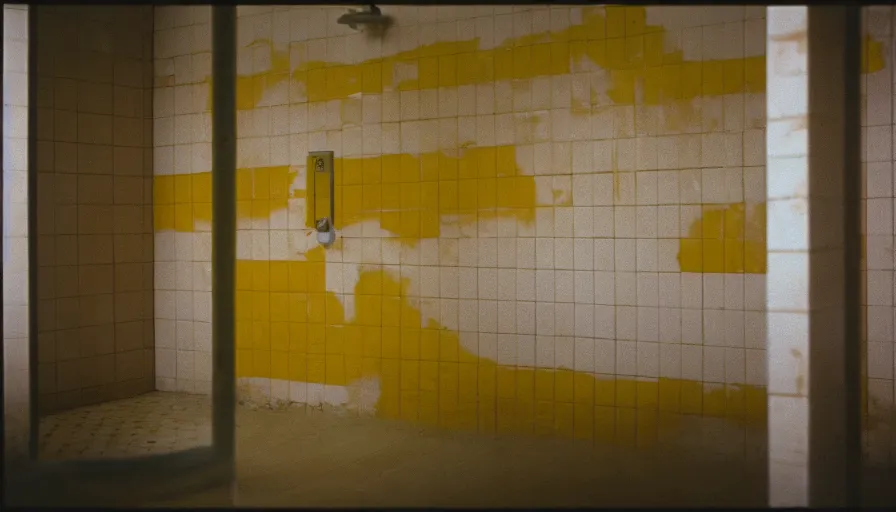 Image similar to 60s movie still of a sovietic stalinist style empty clean prison shower with yellow tiles, cinestill 800t 50mm eastmancolor, liminal Space style, heavy grain