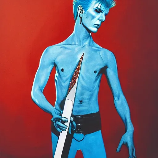 Prompt: Ziggy Stardust holding a Bowie knife, hand, james jean