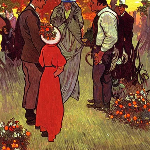 Image similar to painting of arkansas razorbacks at the halloween! party, bubbling cauldron!, candles!, graveyard, gravestones, ghosts, smoke, autumn! colors, elegant, wearing suits!, clothes!, delicate facial features, art by alphonse mucha, vincent van gogh, egon schiele