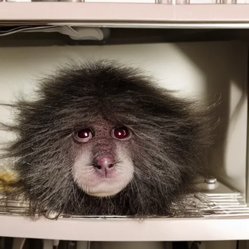 Prompt: strange creepy fuzzy creature found in the cabinet under a sink, dark photograph